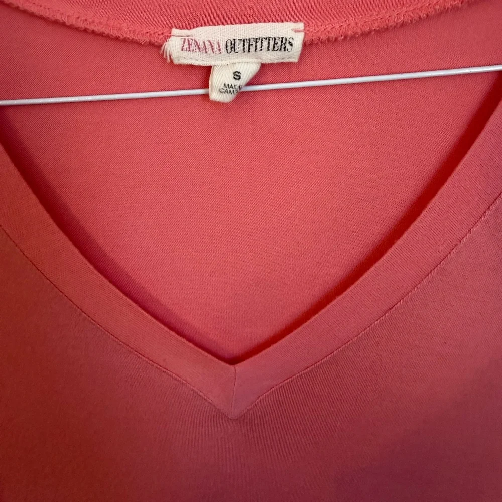 Soft Coral V-Neck Short Sleeve Tee Long Length - Picture 5 of 5